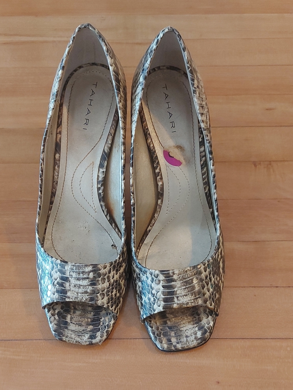 Tahari Neutral Snake-Print Peep Toe Heels